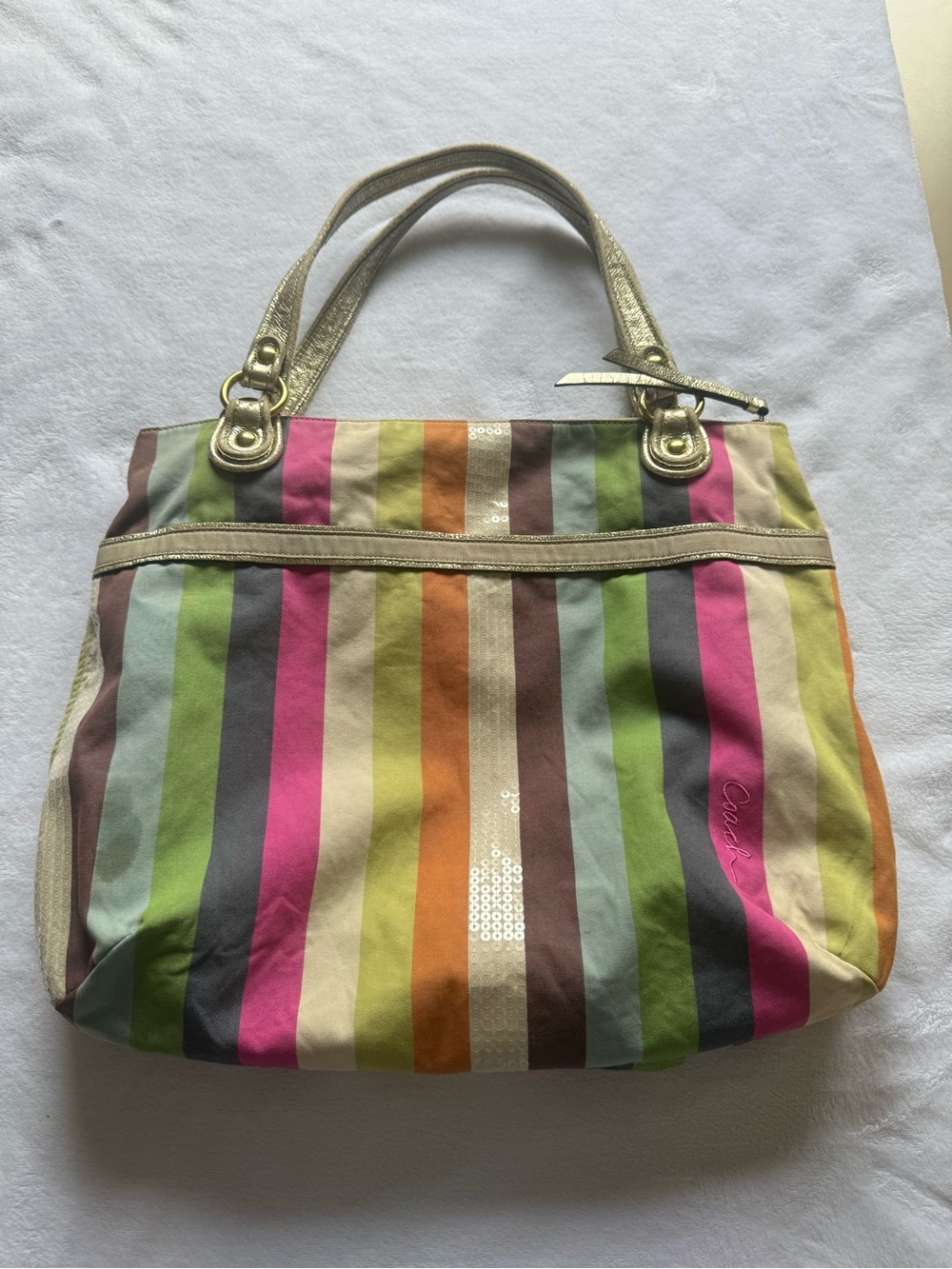 Coach Multicolor Stripe Tote with Gold Accents